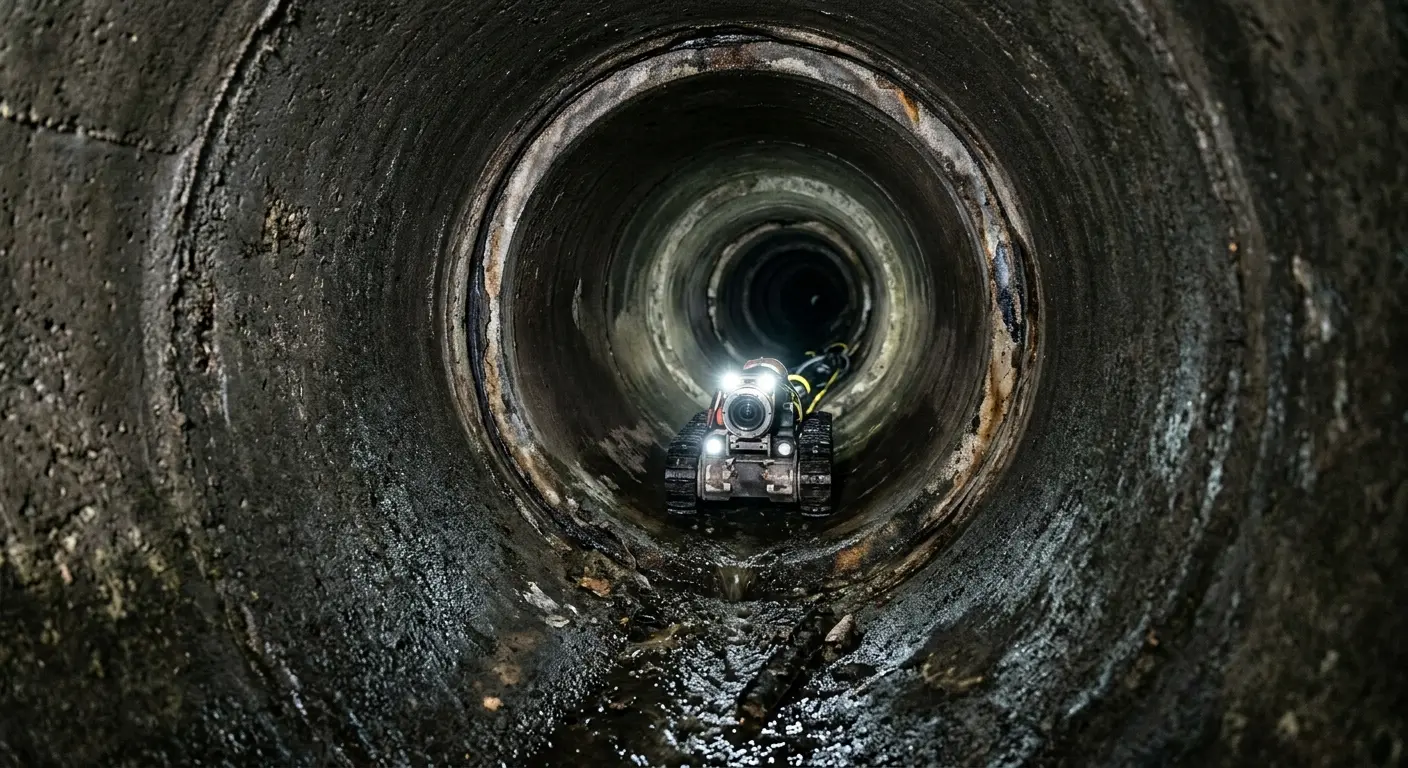Robotic sewer camera inspecting pipe interior for Sewer Line Cleaning in Milford