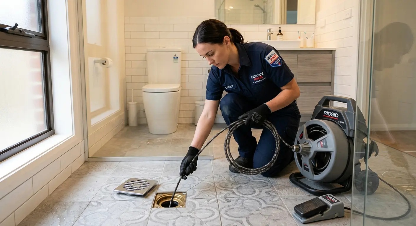 Technician clearing a bathroom floor drain for Drain Repair in Milford